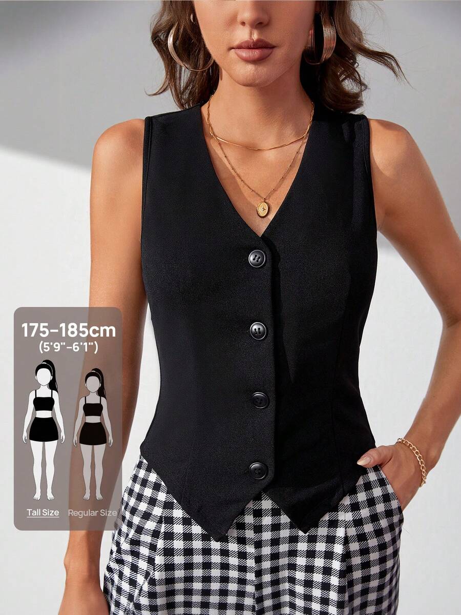 SHEIN Tall 秋冬高個女款純色鈕扣前襟背心西裝外套 - 黑色 - 查看 1