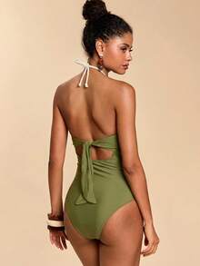 Travachic Women's Pleated Halter One-Piece Swimsuit Summer Beach Vacation - Fresh Green - View 2