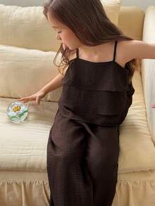 DAZY Bộ đồ thường ngày cho bé gái tuổi teen: Áo hai dây ngắn tay viền bèo nhún và quần ống rộng. - màu nâu - Xem 7