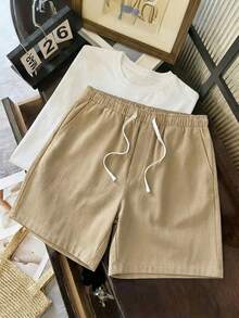 AKNOTIC Business Casual 男士纯色抽绳腰休闲短裤，春夏款 - 卡其色 - 查看 2