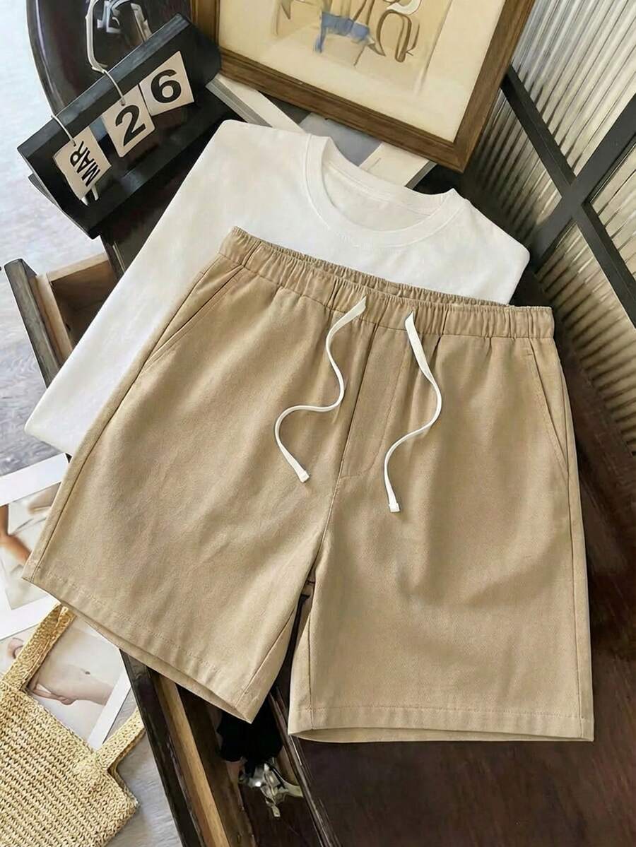 AKNOTIC Business Casual 男士纯色抽绳腰休闲短裤，春夏款