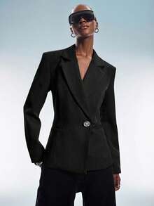 Aveloria GENKIRA Áo blazer nữ màu trắng hở lưng, thiết kế vai ngoại cỡ, khóa kim loại bất đối xứng, phong cách tối giản phá cách. - màu đen - Xem 6