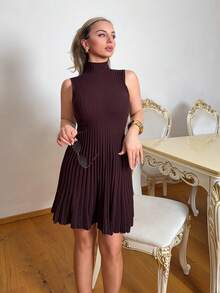 Jeta Ari Váy dệt kim gân chữ A không tay cổ đứng tối giản sang trọng dành cho nữ - Cà phê nâu - Xem 5