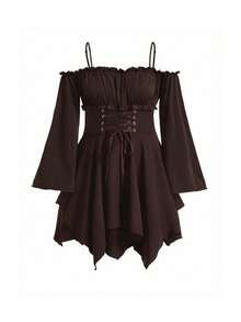 ROMWE Fairycore Plus Size Summer Casual Solid Color Off-Shoulder Spaghetti Strap Asymmetric Hem Dress - Brown - View 1