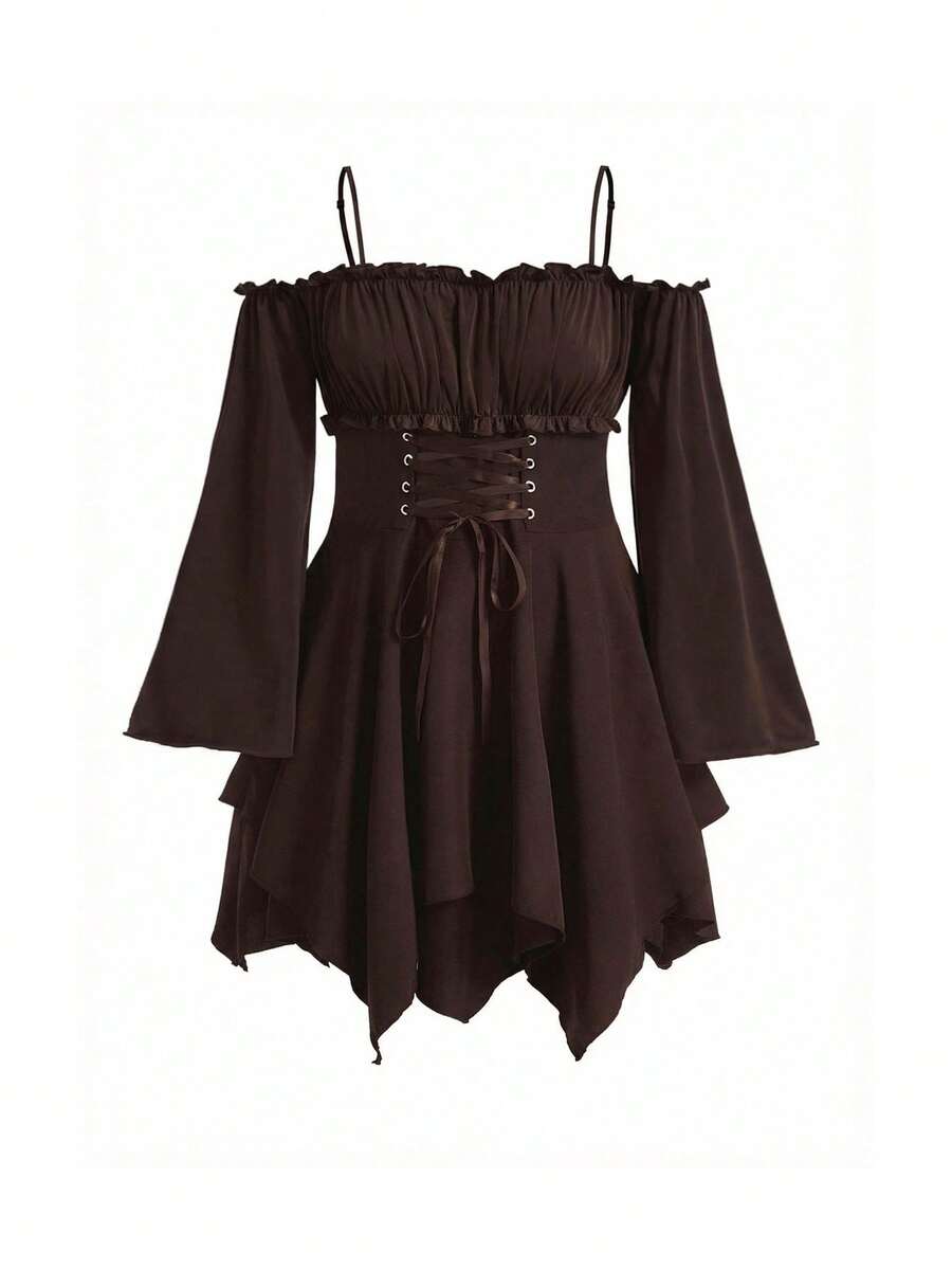 ROMWE Fairycore Plus Size Summer Casual Solid Color Off-Shoulder Spaghetti Strap Asymmetric Hem Dress - Brown - View 1