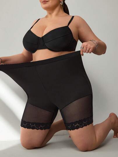 SHEIN CURVE+ Plus-Size Women's Pure-Color Mesh Stitching High-Waisted Shaping Shorts / 2026 New Style / New Year Women's Plus Size Curve Clothing