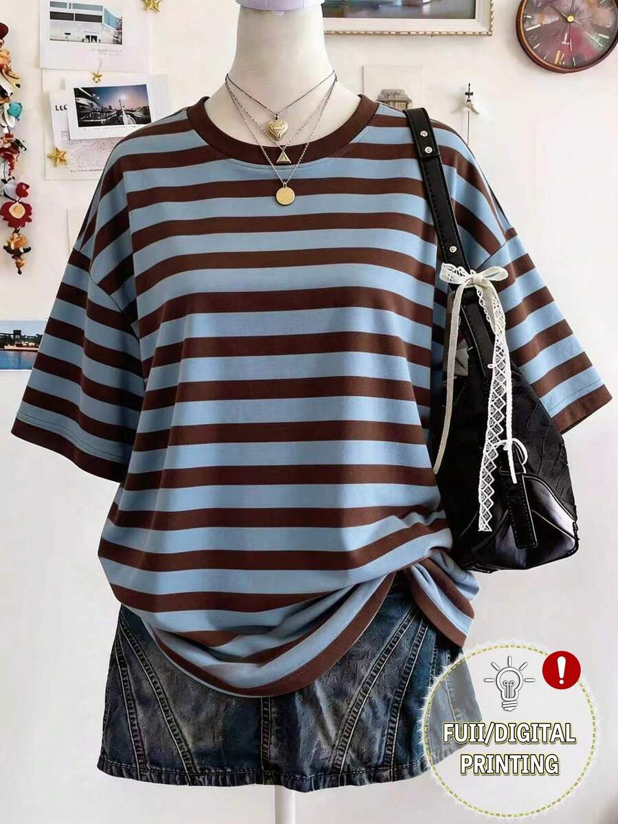 Lalippa Striped Digital Print Loose Casual Women Round Neck Drop Shoulder T-Shirt - Multicolor - View 1