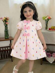 SHEIN Young Girl Woven Colorblock Round Neck Floral Puff Sleeve Dress - Multicolor - View 3