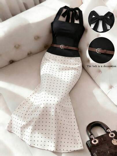 Franclia 女士优雅吊带背心和波点印花鱼尾裙套装，适合春夏外出和约会