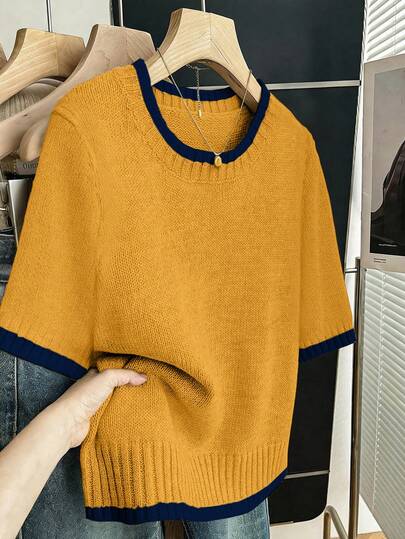 Franclia Áo thun nữ dáng suông, cổ tròn, tay ngắn, phối màu tương phản, mềm mại và thoải mái, thích hợp mặc hàng ngày đi làm, cỡ lớn, mùa xuân/hè.