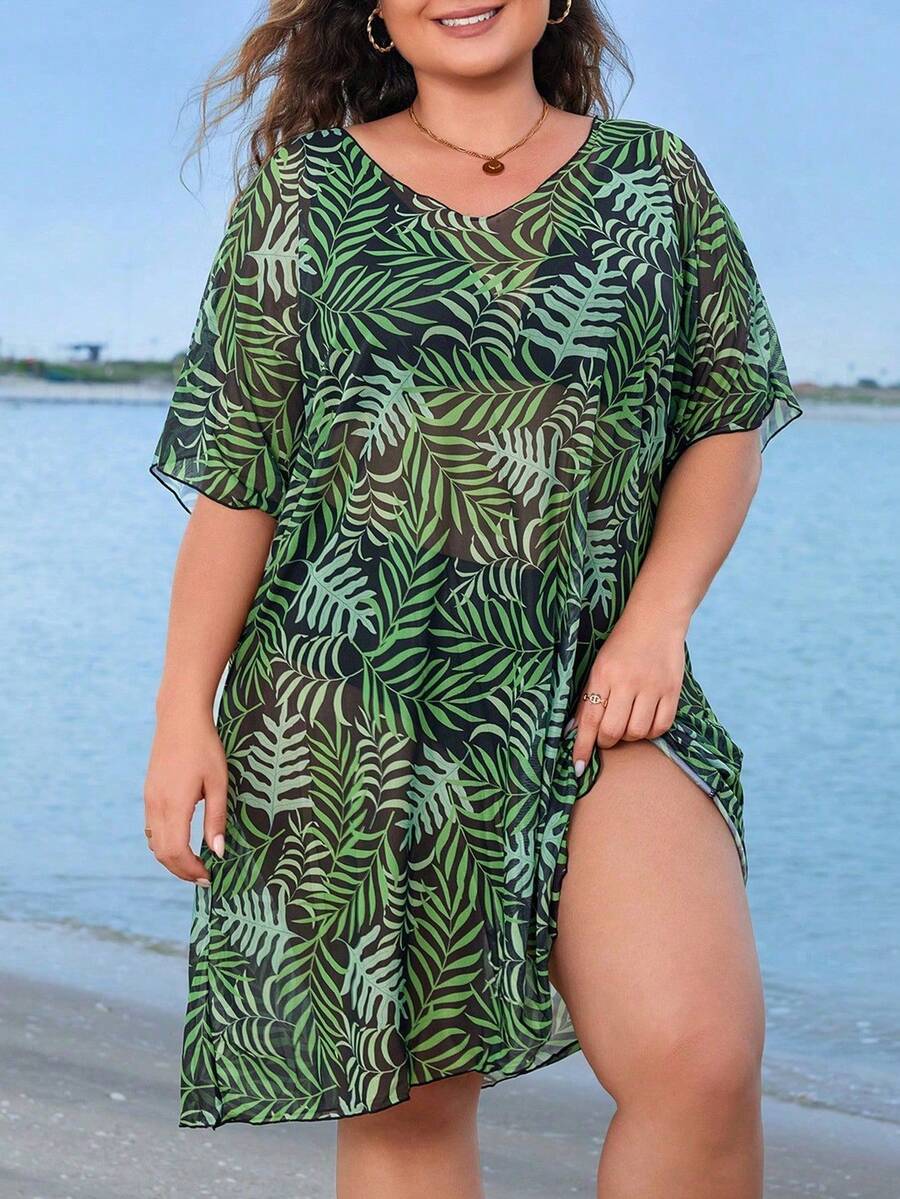 Swim Lushoire Plus Size Summer Tropical Print Cover Up Dress Without Bikini - Multicolor - View 1