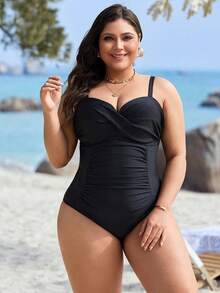 Swim Lushoire Traje de baño de una pieza elegante con fruncido en la cintura y cruzado delantero en unicolor para mujeres de talla grande, apto para piscina y resort de playa, ideal para vacaciones de verano - Negro - Ver 5