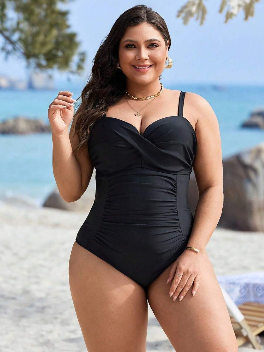 SHEIN Swim 大码女式纯色交叉腰部褶皱优雅连体泳衣,适合泳池和海滩度假村,适合夏季度假 - 黑色 - 查看 1