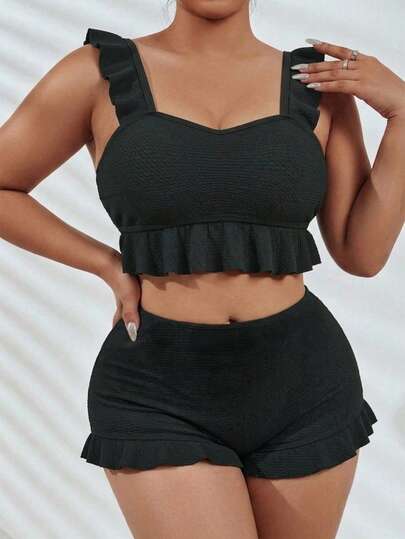 Swim Vcay Conjunto de bikini de 2 piezas talla grande para mujer, elegante top de tankini negra con textura y cuello cuadrado con volantes, shorts con volantes, adecuado para la playa y vacaciones