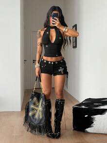 Coolane Trang phục nữ mùa xuân phong cách đường phố, tiệc tùng, hippie, punk, Y2K, áo hai dây co giãn màu đen. - màu đen - Xem 2
