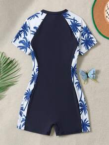 Teen Girl Coconut Tree Print Zipper Short Sleeve Romper Shorts,Summer Beach Vacation Holiday Outfit,Casual New Style Chill Vibe Outfits For Spring - Multicolor - View 2