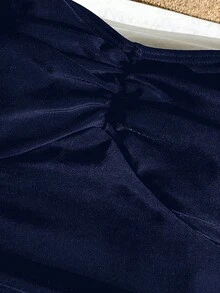 Tween Girl Casual Beach Vacation Black One-Piece Halter Ruched Swimsuit, Minimalist Fitted Swimwear - Navy Blue - View 3