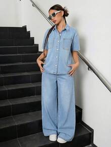 SHEIN 2Pcs Teen Girls Fashion Casual Y2k Vintage Cool Street Light Blue Denim Loose Short-Sleeved Shirt And Loose Comfortable Jeans Two Pieces Set For Kids Clothes Teen Girls Dailywear And Kids Summer To Rave Outfits Festival And Outfits Streetwear Clothes Day Light Blue - Blue - View 5