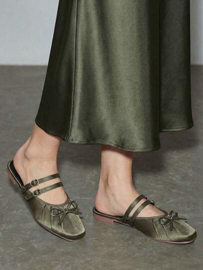2026 Women's Elegant Chic Thin Strap Buckle Bow Decor Military Green Satin Comfortable Square Toe Slip-On Flat Mules