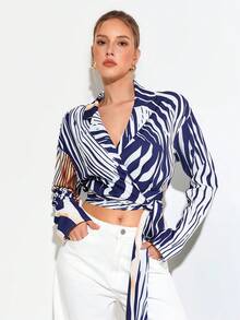 SHEIN Unity Women's Elegant Sexy White Animal Print Abstract Stripe Blouse,V-Neck Wrap Tie Front Crop Top With Long Ribbon,Autumn Vacation Brunch Golf Fashionable - Multicolor - View 6