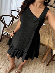 Weeklong Vestido mini de línea A con cuello asimétrico, botones, tela texturizada y volante en el bajo para mujer de talla grande, uso casual y de vacaciones, primavera/verano - Negro - Ver 4