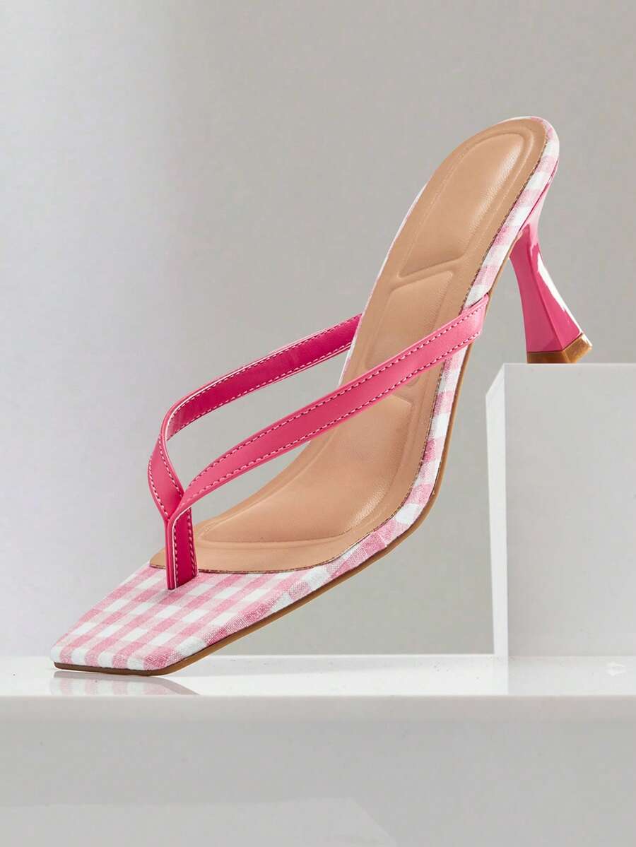 SHUZIA Women Comfortable Check Fabric Kitten Heel Square Toe Thong Heeled Sandals - Pink - View 1