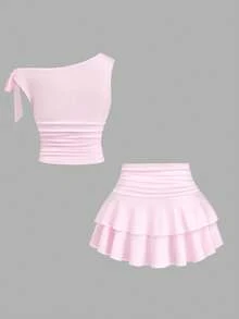 Sweetra Large Size Women's Blush Pink Summer Elegant Formal Wedding Guest Set,Antique Bronze Metal Floral Sloping Shoulder Camisole & Pleated Layered Skirt - Pink - View 2