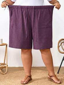 SHEIN CURVE+ Quần short nữ cỡ lớn màu đen có dây rút ở eo, túi, chất liệu vải lanh, kiểu dáng thường ngày, thích hợp mặc mùa hè, trang phục mùa xuân cho nữ, trang phục đi nghỉ mát, trang phục mùa hè/đồng quê/bãi biển cho nữ, trang phục đi biển. - Màu tím - Xem 4