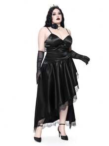 ROMWE Gaun Pesta Pernikahan Gothic Musim Panas, Leher V Dalam, Hem Asimetris, Ruffle, Satin & Patchwork Renda, Ukuran Plus untuk Wanita - Hitam - View 7