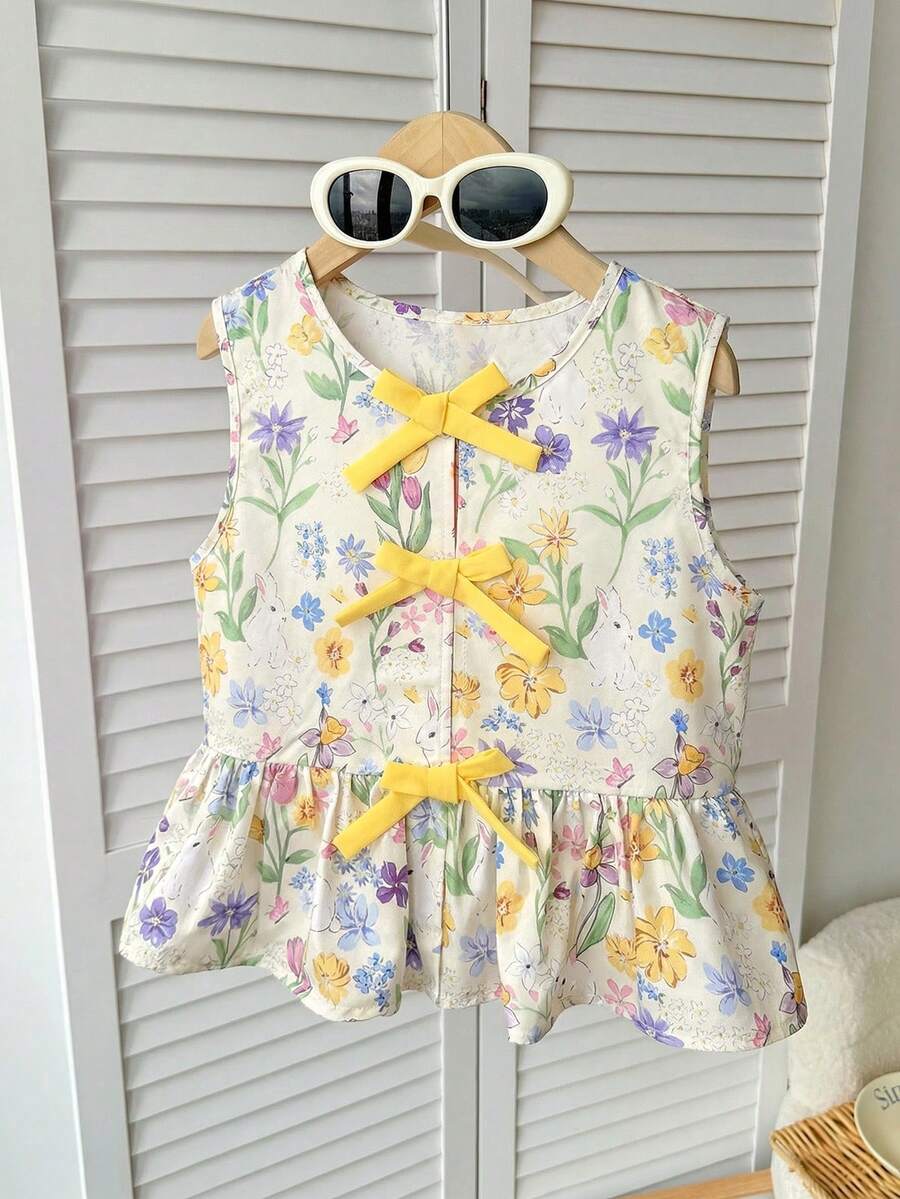 SHEIN 少女可爱蝴蝶结条纹吊带背心，休闲日常百搭款 - 彩色 - 查看 1