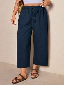 Elaquor Plus Size Casual Loose Solid Color Pants - Navy Blue - View 2