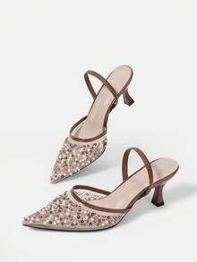 CUCCOO HITCHD Sandal Hak Tinggi Wanita Motif Bunga Elegan untuk Pesta Natal - Coklat - View 2
