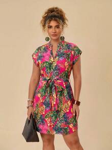 Travachic Plus Size Batwing Sleeve Tie Waist Shirt Dress - Multicolor - View 4