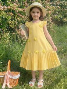 Elladie kids Young Girl Summer New Round Neck A-Line Mini Dress  With Ruffle Sleeves, Pleated Hem, Front Floral Decor, Back Keyhole Design, Casual Vintage Style Everyday Wear Girls Summer Dress Yellow Princess Dress Yellow Kids Dress - Yellow - View 5