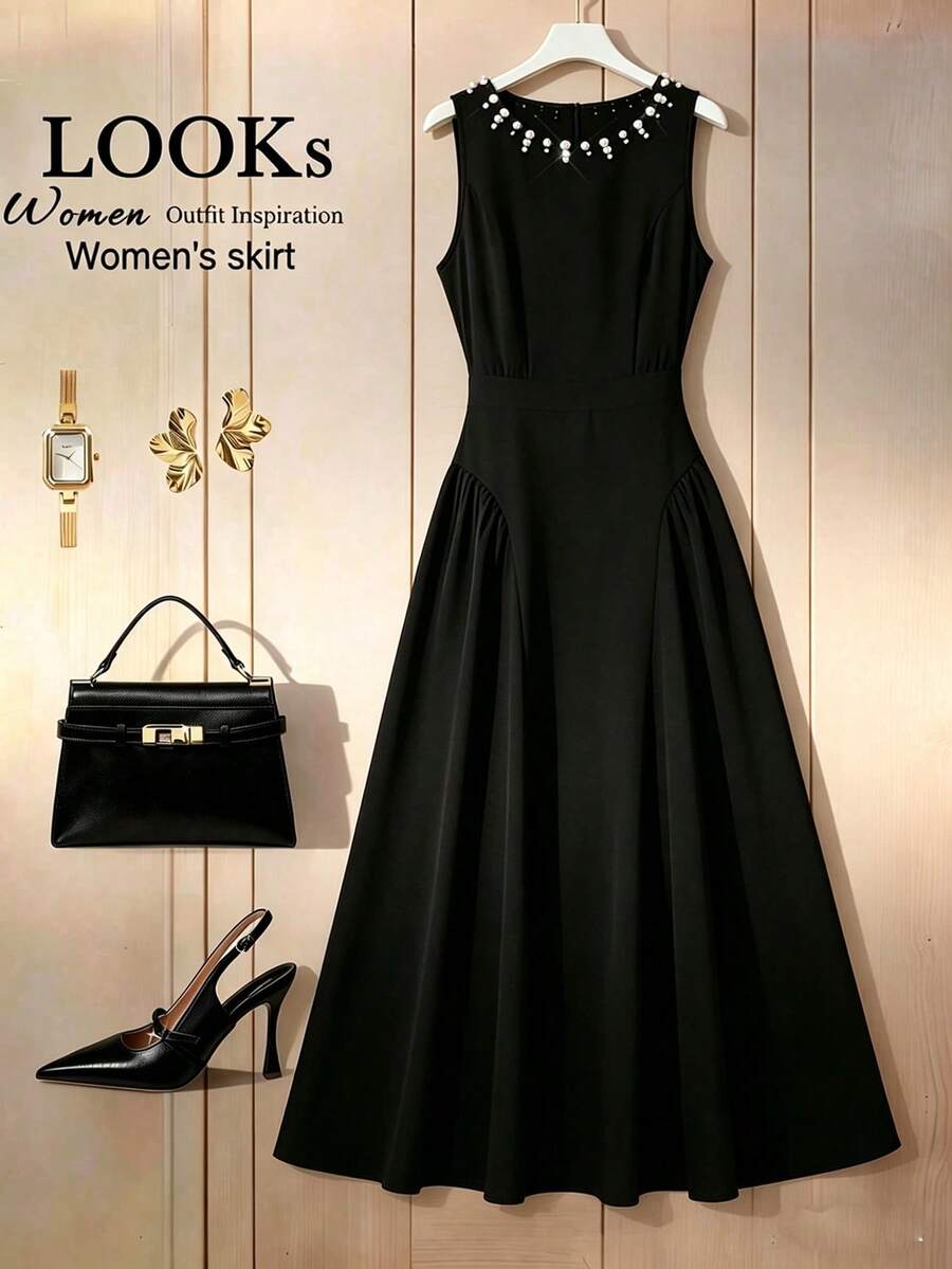 GlowEve Elegant High-Quality Casual Beaded Ripped Cinched Waist A-Line Dress For Women, Summer Dress Elegant Women Dress Black Midi Black Dress Dress Midi Elegant Dress - Black - View 1