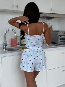ZzzCrew Bộ đồ ngủ nữ ren kẻ caro in hình quả anh đào gồm áo hai dây và quần short - Nhiều màu - Xem 2