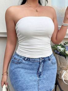 GalTyme Plus Size Plain Pencil Fit Strapless Top With Pleats - White - View 4