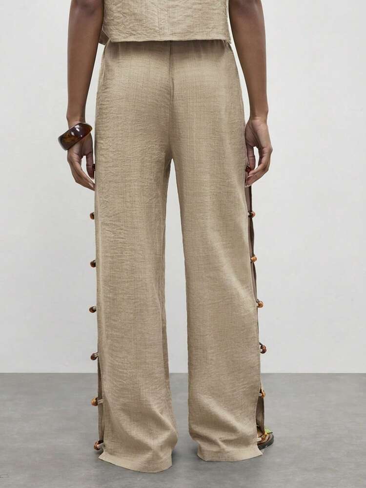 SHEIN Maija Women's Fashionable Vacation Style Beaded Hollow Out Loose Wide Leg Pants, Spring/Summer