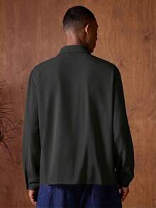 AKNOTIC Men's Black Pleated Embroidered Contrast Color Loose Long Sleeve Shirt, Business Casual Holiday Boyfriend Father's Day Gift, Summer Contrast Embroidered Turndown Collar Button-Up Formal New - Black - View 7