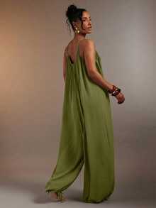 Hauture Women's Sexy Cami Sleeveless Side Ruched And Drawstring Hem Jumpsuit - Army Green - View 2