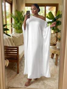 SHEIN Lady CURVE Đầm cỡ lớn thanh lịch màu trơn cổ lệch vai - trắng - Xem 6