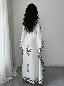 Elenzga Latest Spring & Summer V-Neck Loose Batwing Sleeve Long Dress, Black & White Fashionable Design Sense Dress For Women - Black and White - View 2