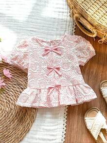 SHEIN Vintaside Kids 女婴衬衫，采用独特的印花面料，乡村度假风格，可爱时尚，适合春夏穿着，带有蝴蝶结装饰。 - 粉色 - 查看 5