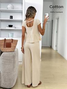 Easowa Apricot Summer Casual Vacation Women 2 Pieces Outfits,100% Cotton Square Neck Flutter Sleeve Backless Bow Blouse & Elastic Waist Wide Leg Pants Set - Khaki - View 2