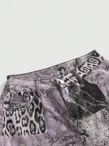 ROMWE Grunge Punk 复古豹纹和花卉印花 Y2K 风格修身牛仔短裤 - 淡紫色 - 查看 3