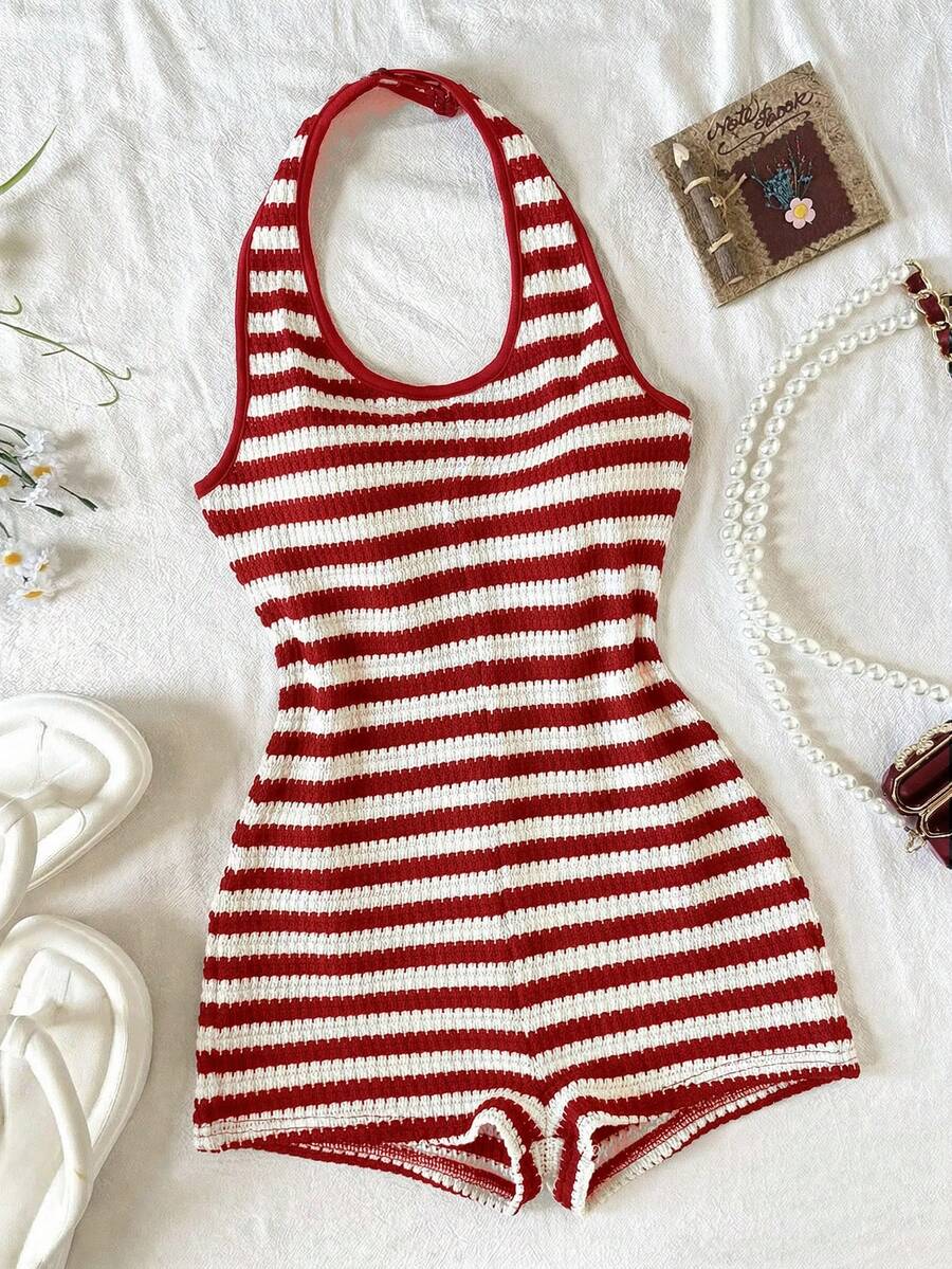 SHEIN Tween Girls' Fitted Casual Halter Neck Striped Jumpsuit - Red - View 1
