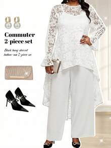 Fleurora Ensemble 2 pièces élégant avec Top à manches longues avec patchwork en dentelle et pantalon, couleur unie, dos court et devant long, taille grande - Blanc - Voir 5