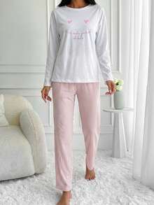 WovenCharm Women's Love Heart & Letter Print Top Striped Pants Pajama Set - Baby Pink - View 4