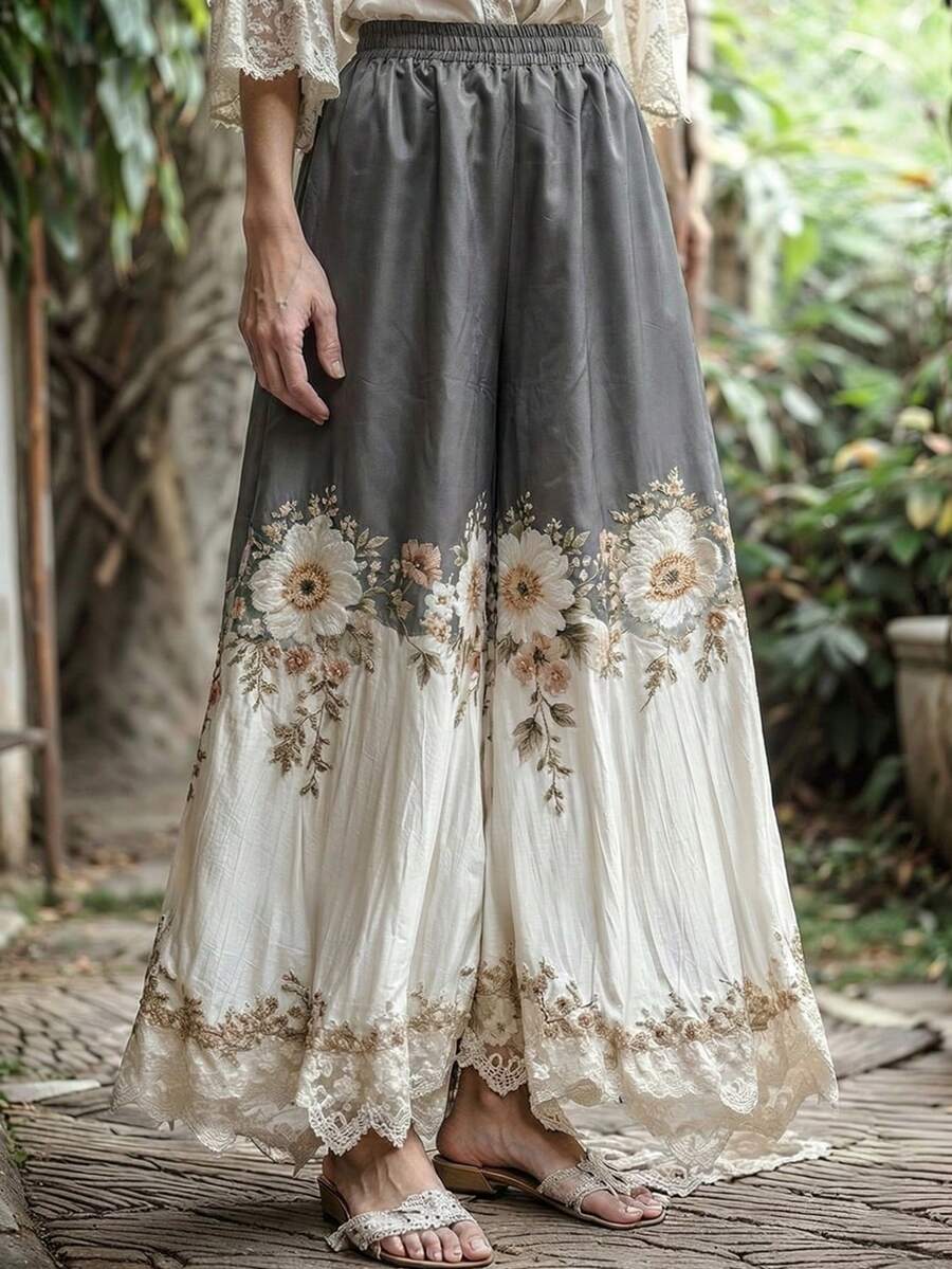 Balvessa Quần ống rộng cạp chun họa tiết hoa tương phản, phong cách thường ngày. - Nhiều màu - Xem 1