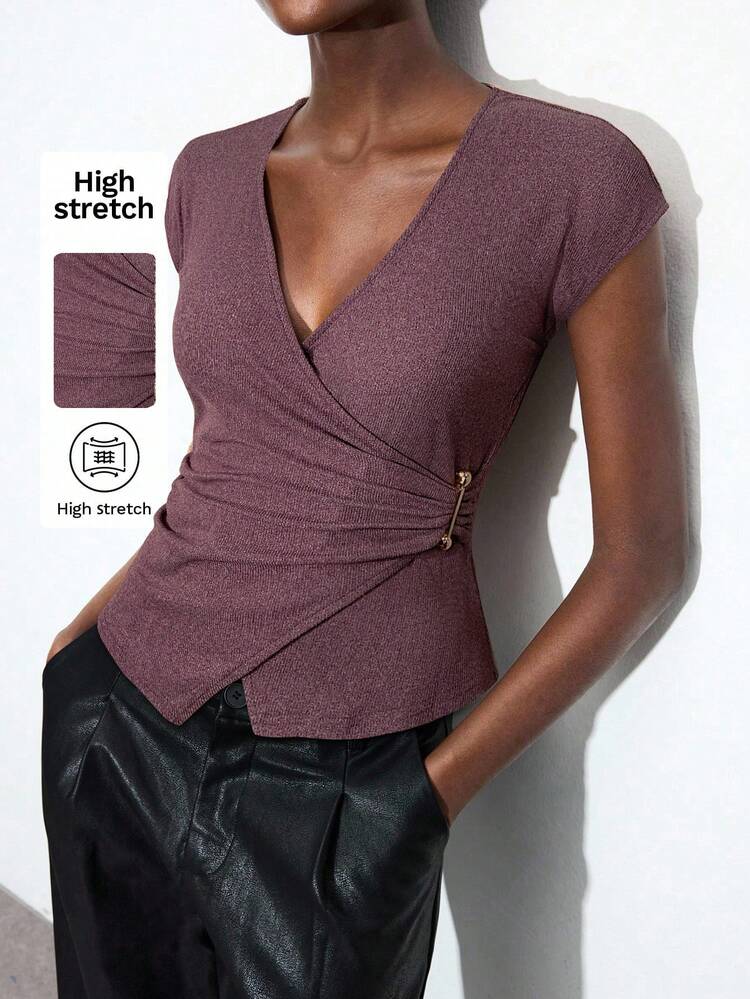 SHEIN Maija Women's Solid Color Ruched V-Neck Short Sleeve Fitted Blouse